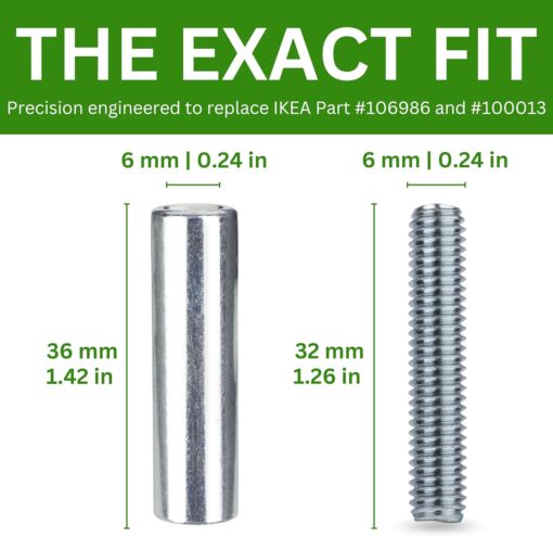 Spare Hardware Parts Bed Frame Set, Long Round Coupling Nut Sleeve and Threaded Rod (Replacement for IKEA Part #106986 + 100013) (Pack of 4 Each) - Image 2